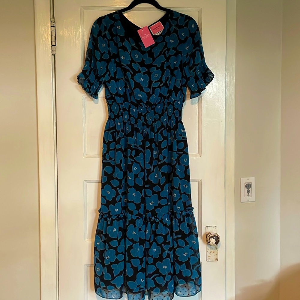 EUC ♠️ Kate Spade Floral Puff Sleeve Blaire Midi Dress Dark Peacock Blue Sz L